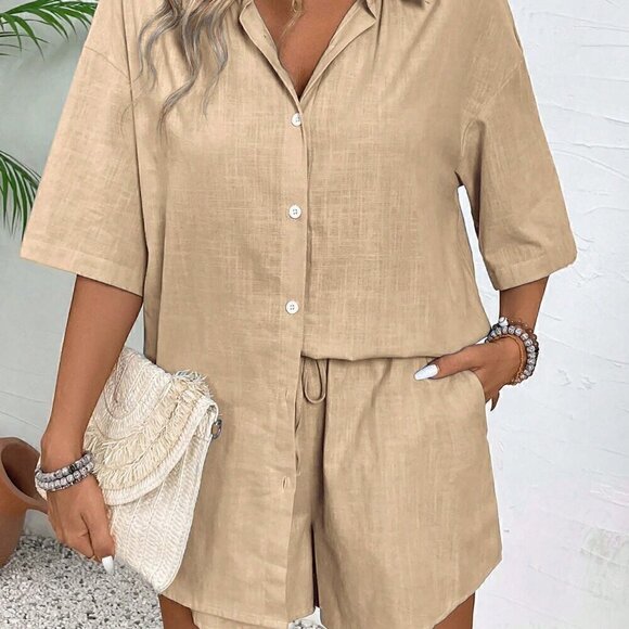 Khaki Casual Women's Solid Button Front Shirt & Drawstring Waist Shorts - Picture 3 of 7